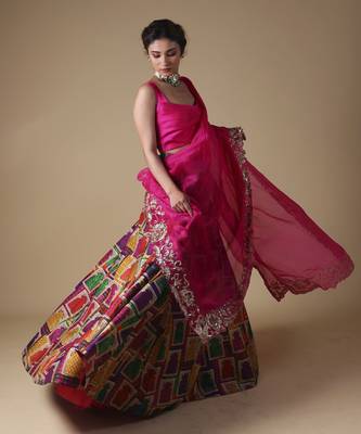Multicolor Hand-Embroidered Zardosi Work Dupatta With Lehenga And Blouse 2