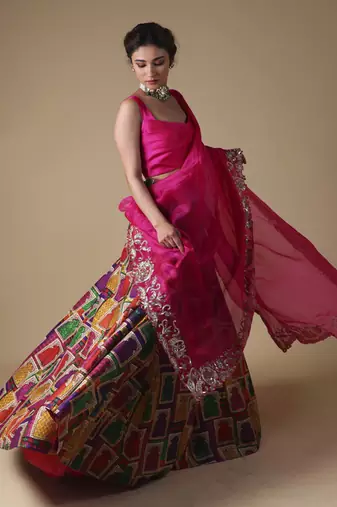 Multicolor Hand-Embroidered Zardosi Work Dupatta With Lehenga And Blouse