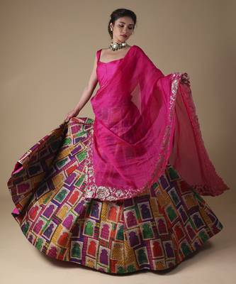 Multicolor Hand-Embroidered Zardosi Work Dupatta With Lehenga And Blouse 4