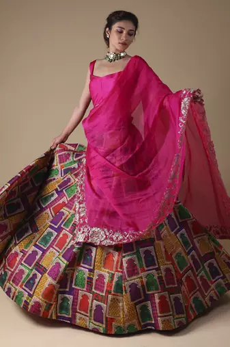 Multicolor Hand-Embroidered Zardosi Work Dupatta With Lehenga And Blouse