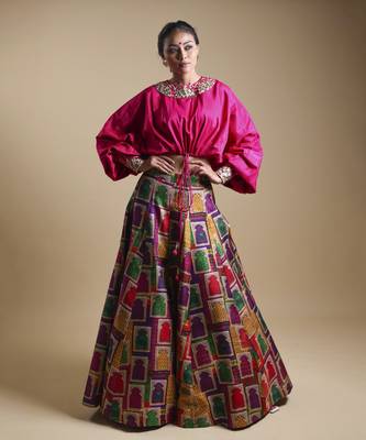 Multicolor Hand-Embroidered Blouse With Lehenga 1