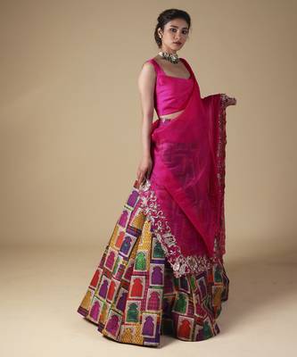 Multicolor Hand-Embroidered Zardosi Work Dupatta With Lehenga And Blouse 5