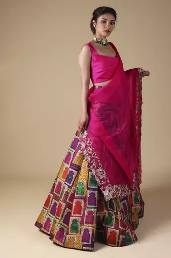 Multicolor Hand-Embroidered Zardosi Work Dupatta With Lehenga And Blouse