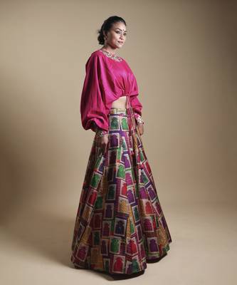 Multicolor Hand-Embroidered Blouse With Lehenga 5