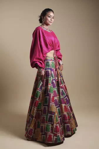 Multicolor Hand-Embroidered Blouse With Lehenga