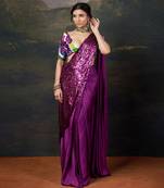 Hand-embroidered pre-draped saree with abstract floral print