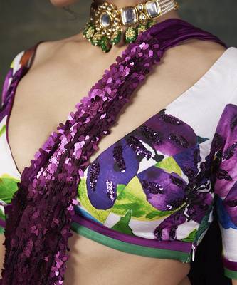 Hand-embroidered pre-draped saree with abstract floral print 2