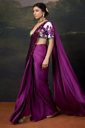 Hand-embroidered pre-draped saree with abstract floral print