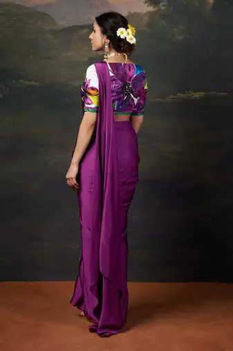 Hand-embroidered pre-draped saree with abstract floral print