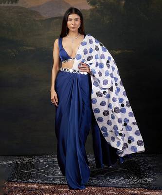 Mirror work blouse with pre-draped buuti print saree 1