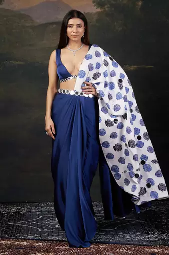 Mirror work blouse with pre-draped buuti print saree