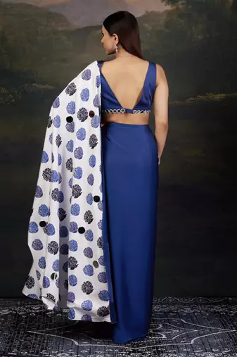 Mirror work blouse with pre-draped buuti print saree