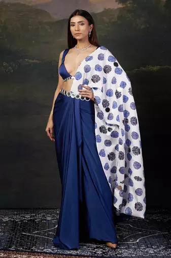 Mirror work blouse with pre-draped buuti print saree