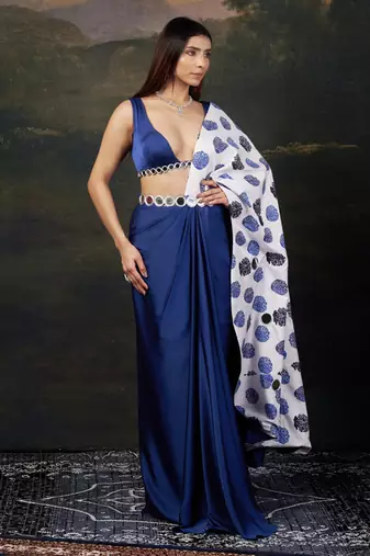 Mirror work blouse with pre-draped buuti print saree