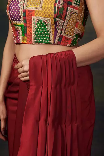 Stylish strapless hand-embroidered blouse with pre-draped saree