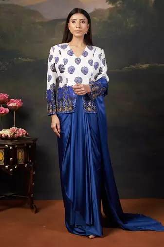 Hand embroidered coat with pre-draped saree