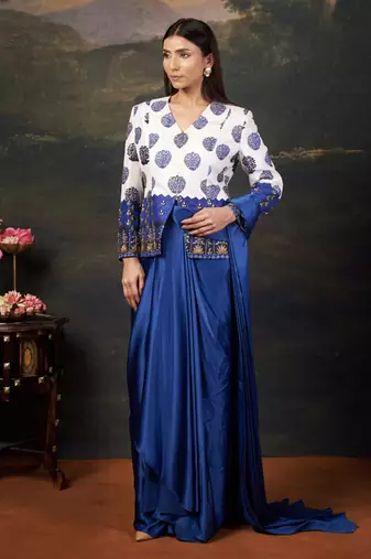 Hand embroidered coat with pre-draped saree