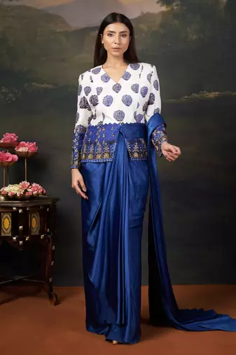 Hand embroidered coat with pre-draped saree