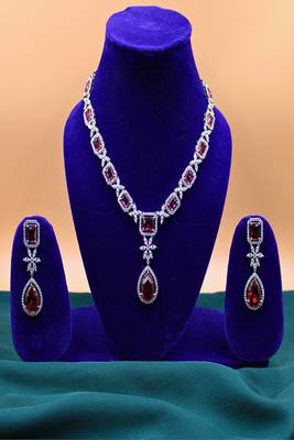 Pink rhodium plated ruby synthetic stone zircon short necklace set 1
