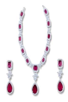 Pink rhodium plated ruby synthetic stone zircon short necklace set 4