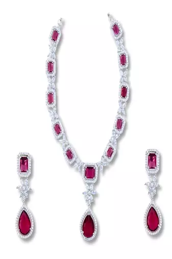 Pink rhodium plated ruby synthetic stone zircon short necklace set