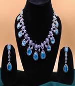 Blue rhodium plated blue double shaded synthetic stone zircon short necklace set