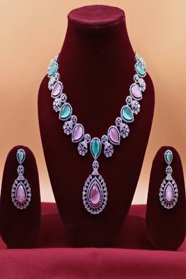 Green rhodium plated multicolour synthetic stone zircon pendant short necklace set 1