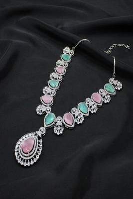 Green rhodium plated multicolour synthetic stone zircon pendant short necklace set 2