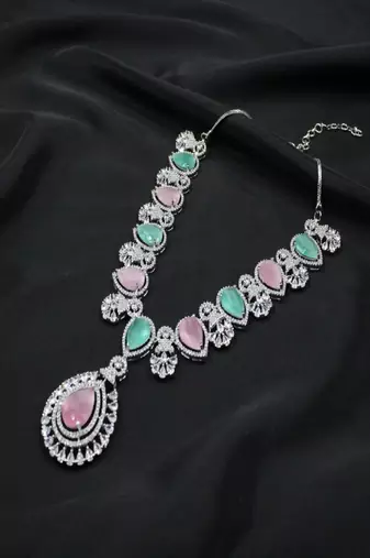 Green rhodium plated multicolour synthetic stone zircon pendant short necklace set