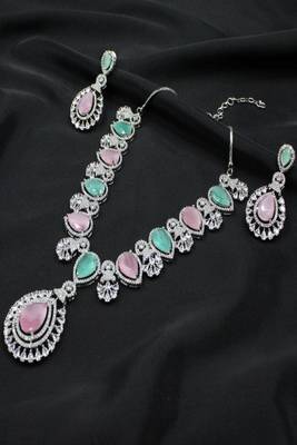 Green rhodium plated multicolour synthetic stone zircon pendant short necklace set 3