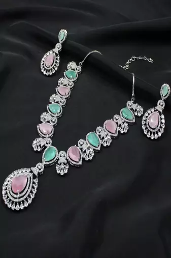 Green rhodium plated multicolour synthetic stone zircon pendant short necklace set