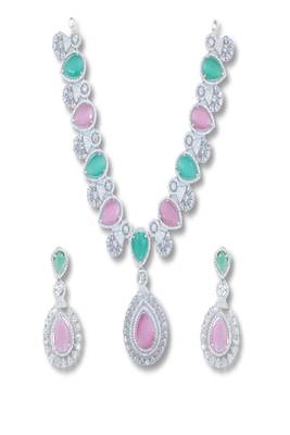 Green rhodium plated multicolour synthetic stone zircon pendant short necklace set 4