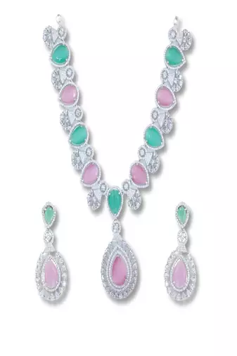 Green rhodium plated multicolour synthetic stone zircon pendant short necklace set