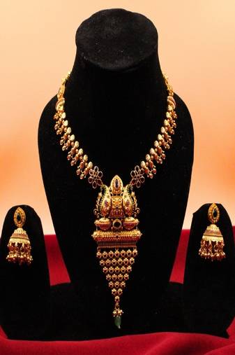 Gold plated green temple long necklace set