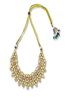 Pink gold plated meenakari kundan heavy choker necklace set with maangtikka 3