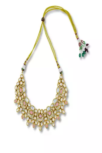 Pink gold plated meenakari kundan heavy choker necklace set with maangtikka