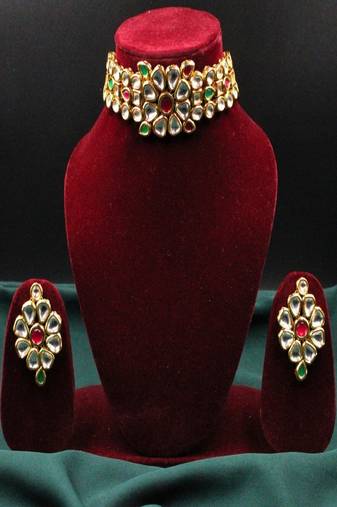 Multicolor gold plated red & green meenakari kundan choker necklace set