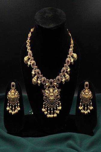 Gold plated red synthetic stone pearl cz temple long necklace set