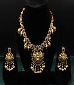 Gold plated red synthetic stone pearl cz temple long necklace set
