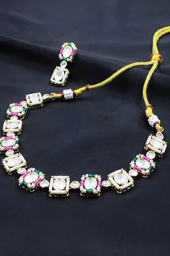 Multicolor gold plated beads moissanite kundan choker necklace set