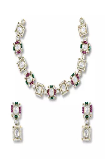 Multicolor gold plated beads moissanite kundan choker necklace set