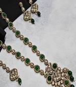 Green gold plated black rhodium moissanite kundan cz green long necklace set with maangtikka