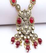 Red gold plated black rhodium moissanite kundan cz red long necklace set with maangtikka