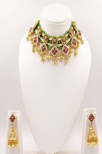 Green gold plated multicolor traditional rajwadi choker necklace set