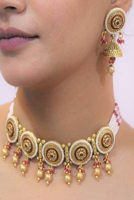 Red gold plated maroon meenakari traditional rajwadi choker necklace set 2