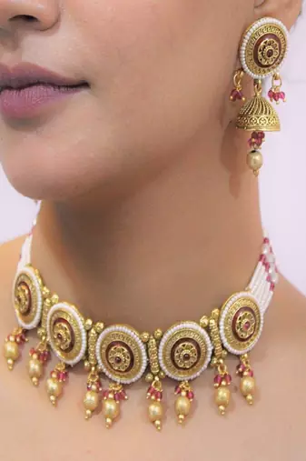 Red gold plated maroon meenakari traditional rajwadi choker necklace set