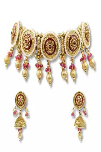 Red gold plated maroon meenakari traditional rajwadi choker necklace set