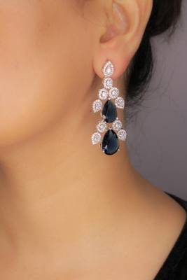 Blue rhodium plated blue synthetic stone zircon studded drop earrings 2