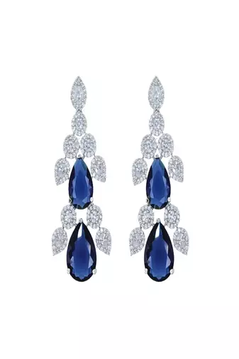Blue rhodium plated blue synthetic stone zircon studded drop earrings