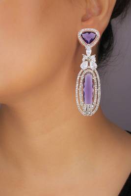 rhodium plated purple stone zircon studded dangler earrings 1